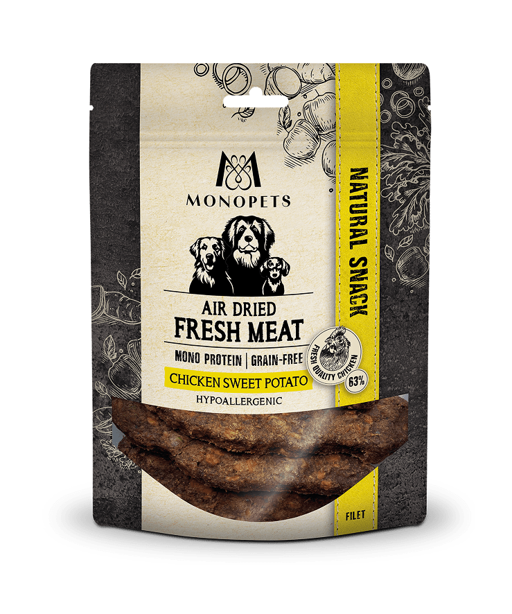 Luftgetrocknete Snacks: Hähnchenfilet mit Süßkartoffel