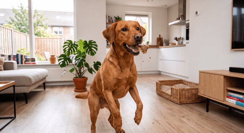 Een vrolijke bruine hond springt in een moderne woonkamer om een hondensnack uit de lucht te vangen, passend bij zijn eiwitdieet.